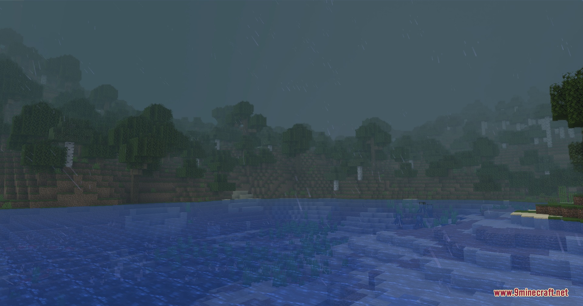 PMW Precipitation Redone Resource Pack Screenshot 7 Rain falling over a calm lake surrounded by a dense green forest
