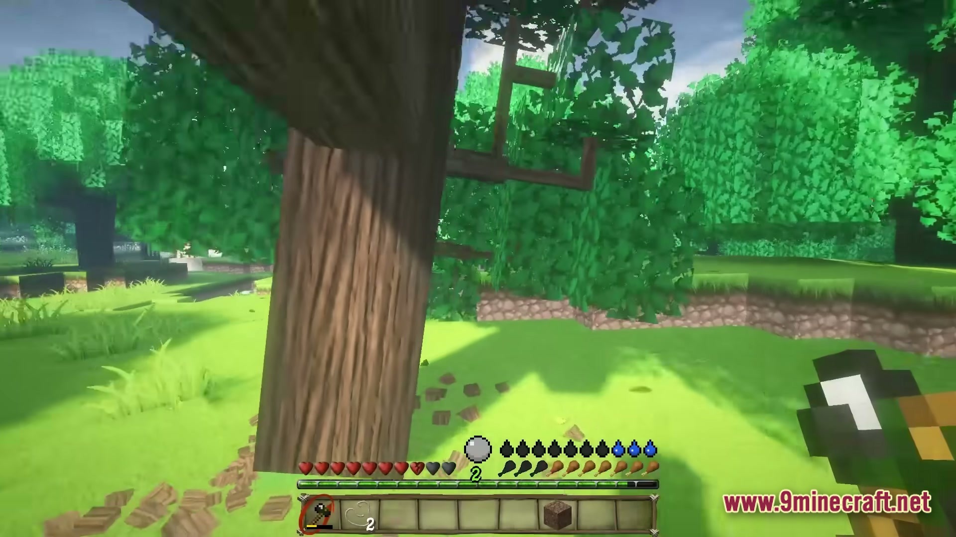 A player gathers wood from a tree in a lush forest with stylized graphics and custom HUD