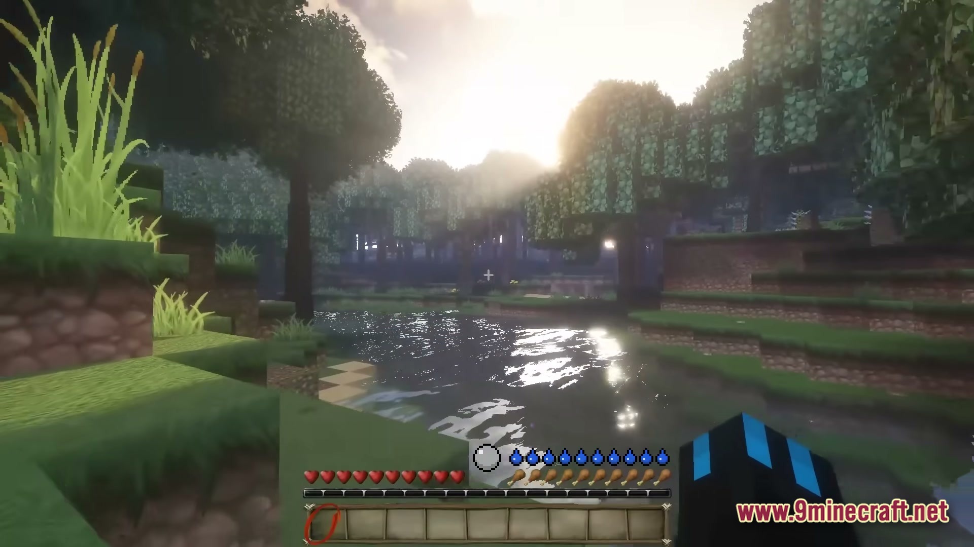 A first-person view of a river in a forest biome with retro-style shaders and custom HUD