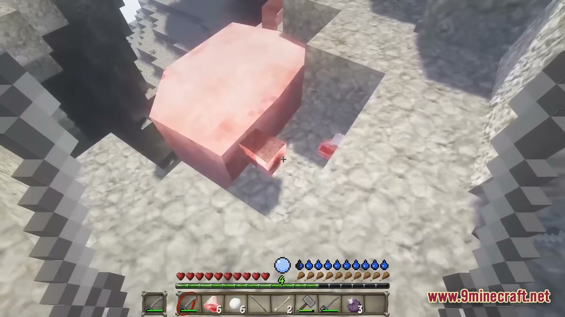 A first-person view of a player hunting a pig mob in a rocky, mountainous biome