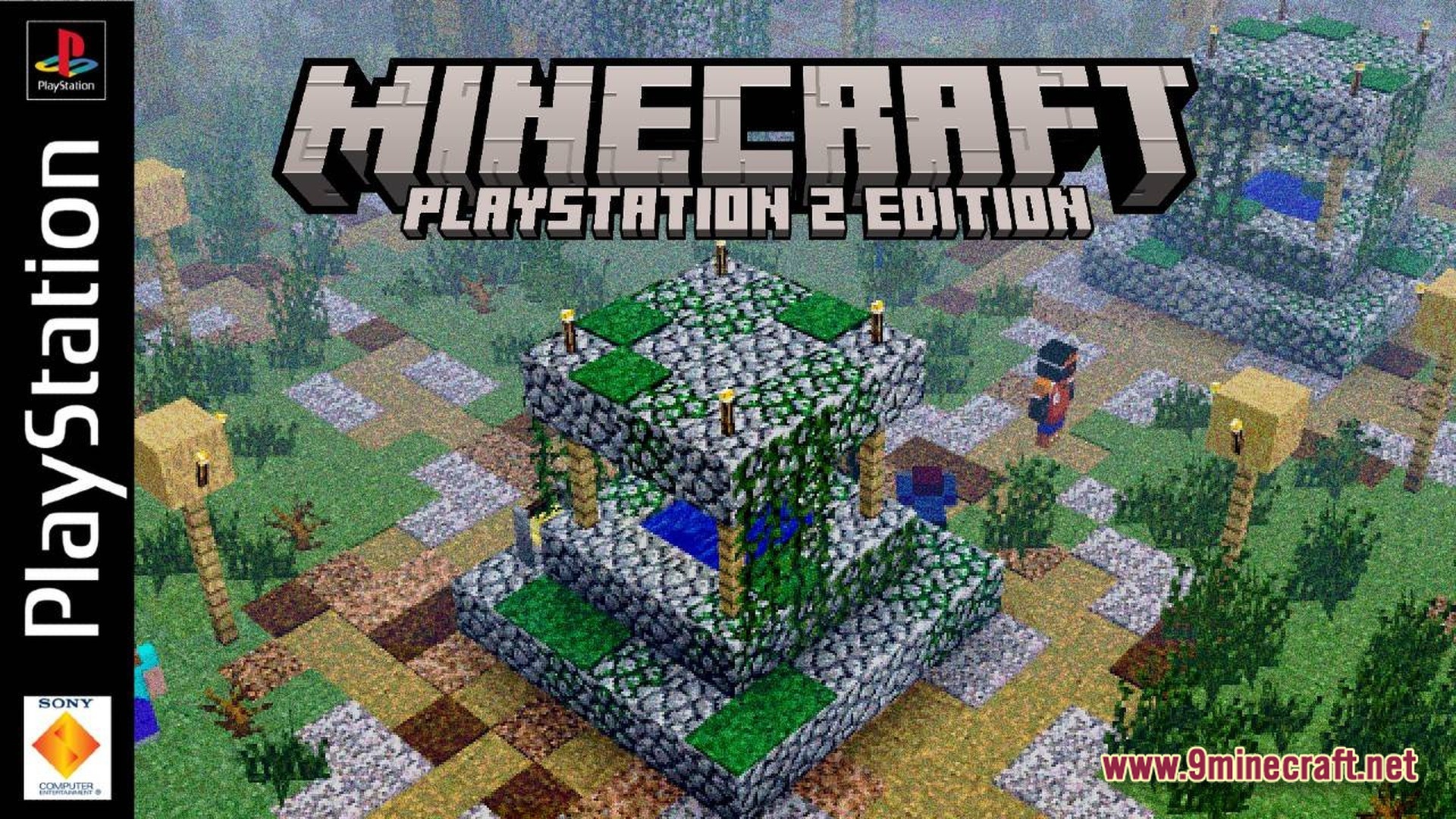 A cobblestone well and stone structures in a grassy biome with low-resolution retro graphics