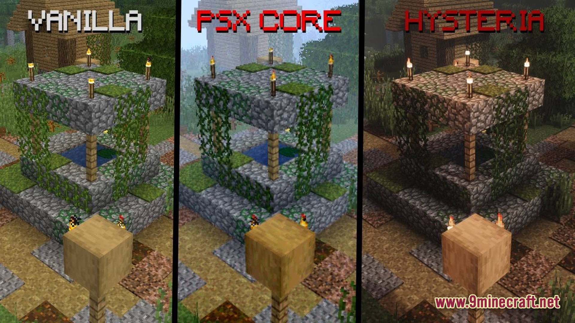 A side-by-side visual comparison of Vanilla, PSX Core, and Hysteria graphics settings on a stone structure