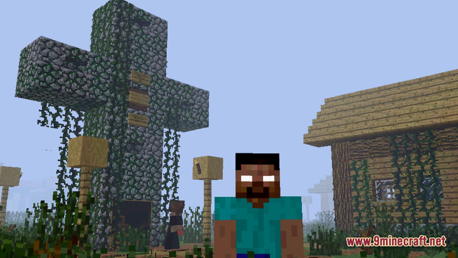 Herobrine stands before a mossy cobblestone cross and a wooden house in a foggy environment