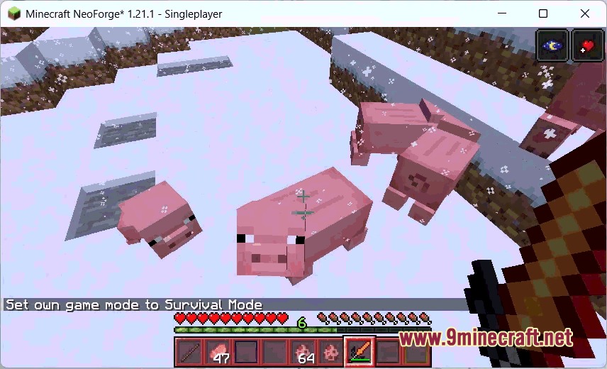 Palamod Renew Mod Screenshot 2 Player holding a custom sword while standing near pigs in snow
