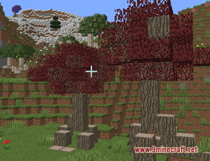 Palamod Renew Mod Screenshot 6 Two custom trees with red leaves growing in a grassy landscape