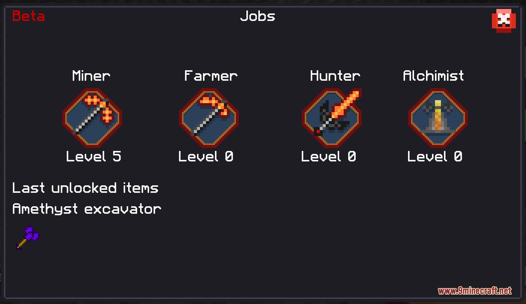 Palamod Renew Mod Screenshot 7 A custom jobs interface showing miner level five and an amethyst excavator tool