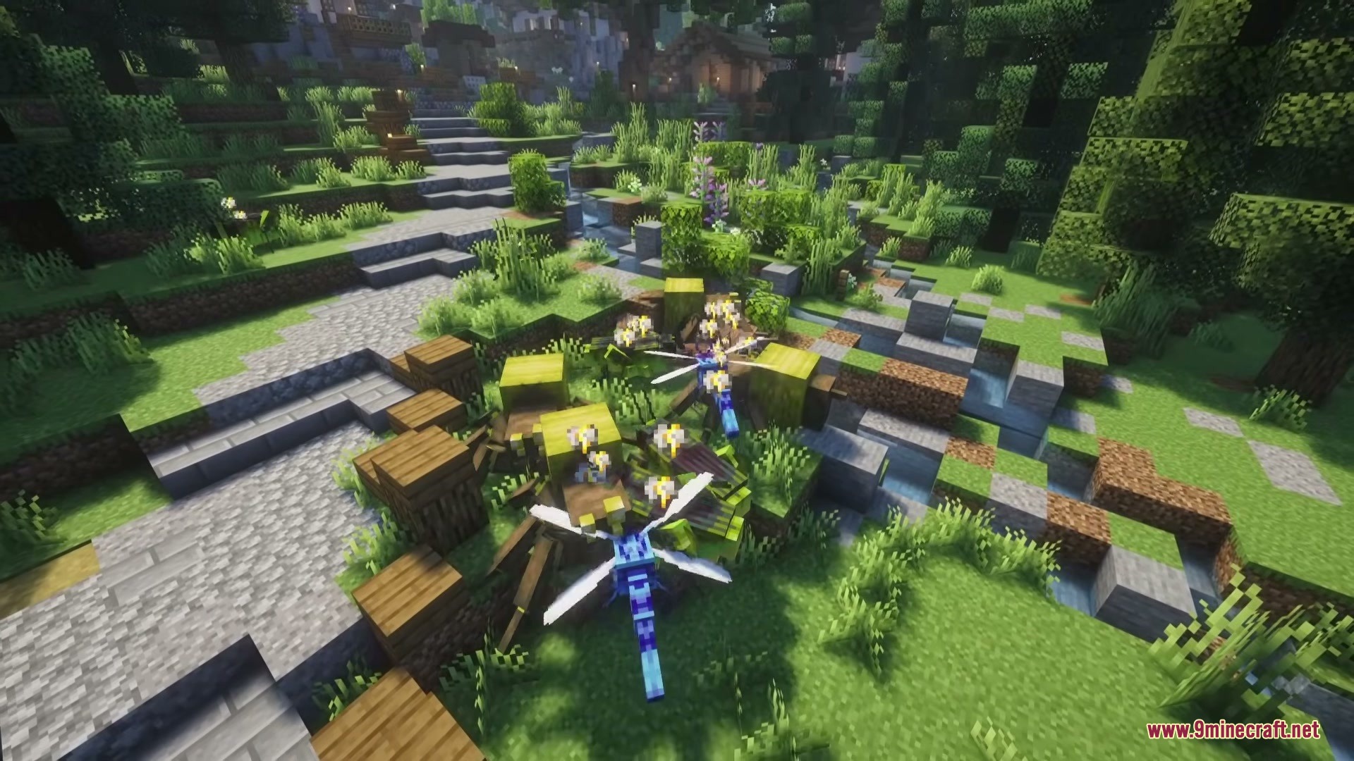 Paleo Bugs Mod Screenshot 2 Giant prehistoric dragonflies and spiders roaming through a lush green forest biome