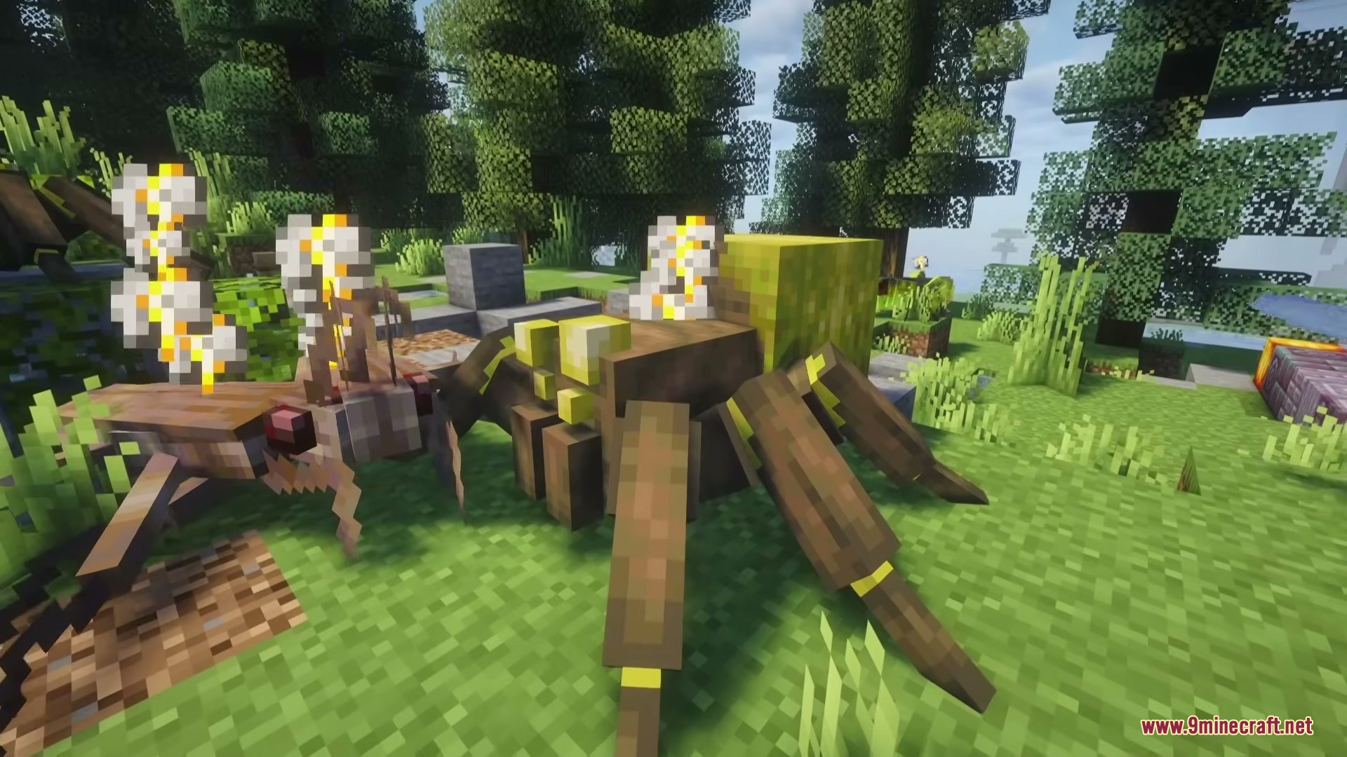 Paleo Bugs Mod Screenshot 3 Two giant prehistoric bugs stand in a forest clearing with tall green trees