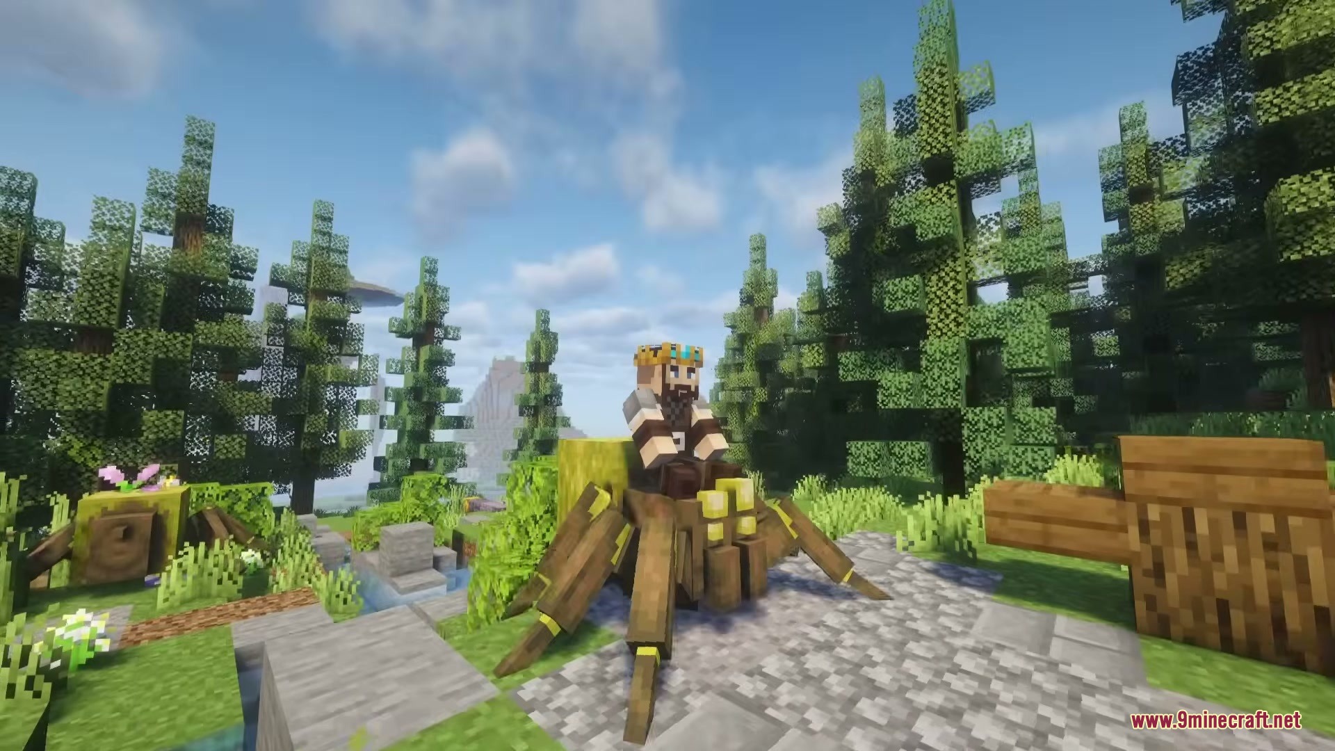 Paleo Bugs Mod Screenshot 4 A player wearing a crown rides a giant prehistoric spider on a path