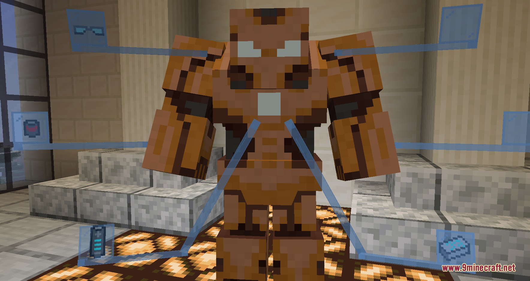 Palladium Kinetic Chassis Mod Screenshot 3 A brown Palladium Kinetic Chassis suit with a blue digital HUD overlay