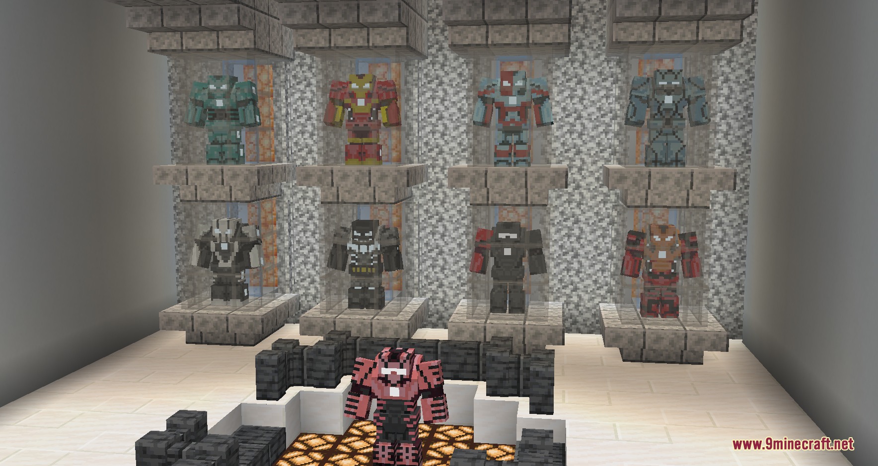 Palladium Kinetic Chassis Mod Screenshot 4 Multiple custom power armor suits displayed in glass cases inside a Minecraft room