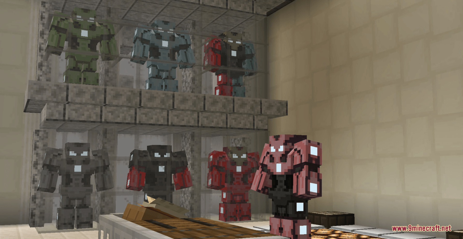 Palladium Kinetic Chassis Mod Screenshot 5 Various Palladium Kinetic Chassis power armor suits displayed on shelves in a room