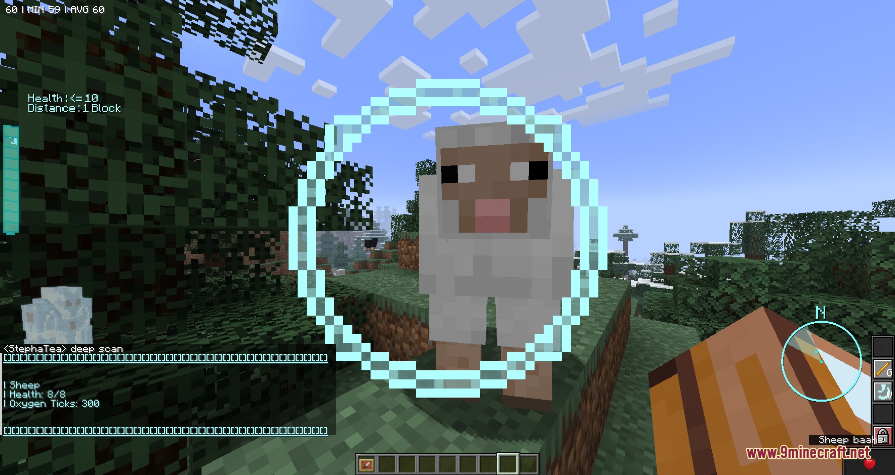 Palladium Kinetic Chassis Mod Screenshot 6 A player using the mob scanner HUD to look at a white sheep