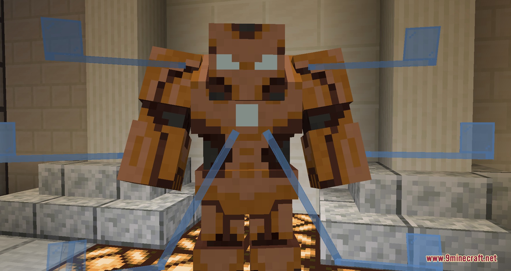 Palladium Kinetic Chassis Mod Screenshot 7 Copper power armor suit standing on redstone lamps with blue holographic displays