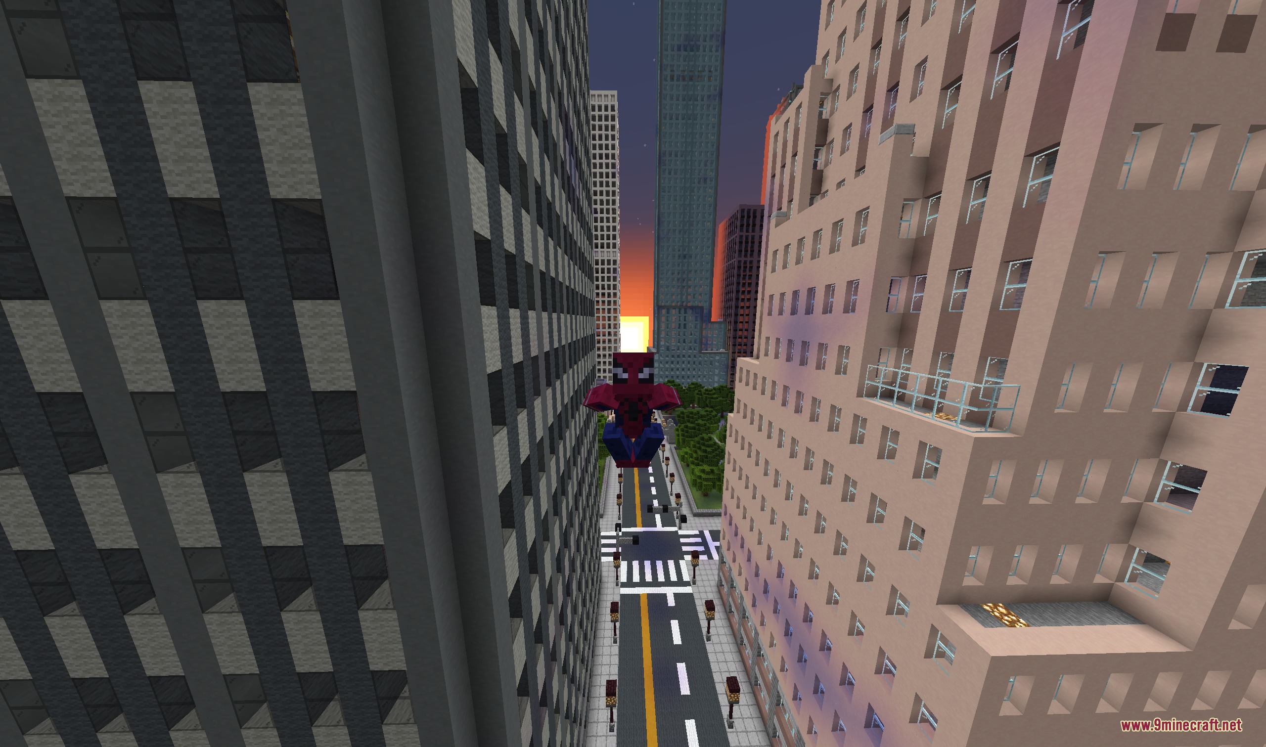 Spiderman swinging through a city street during a beautiful Minecraft sunset