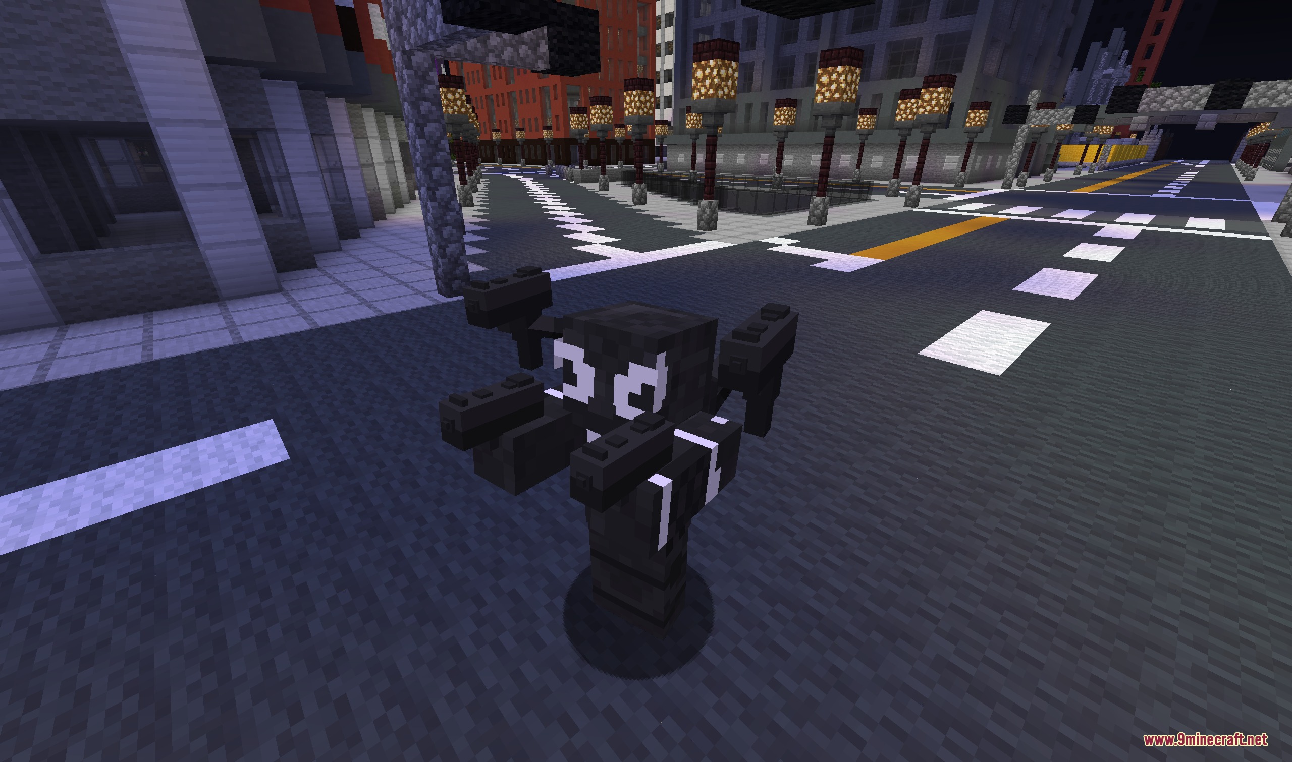 Agent Venom character holding guns while standing on a Minecraft city street