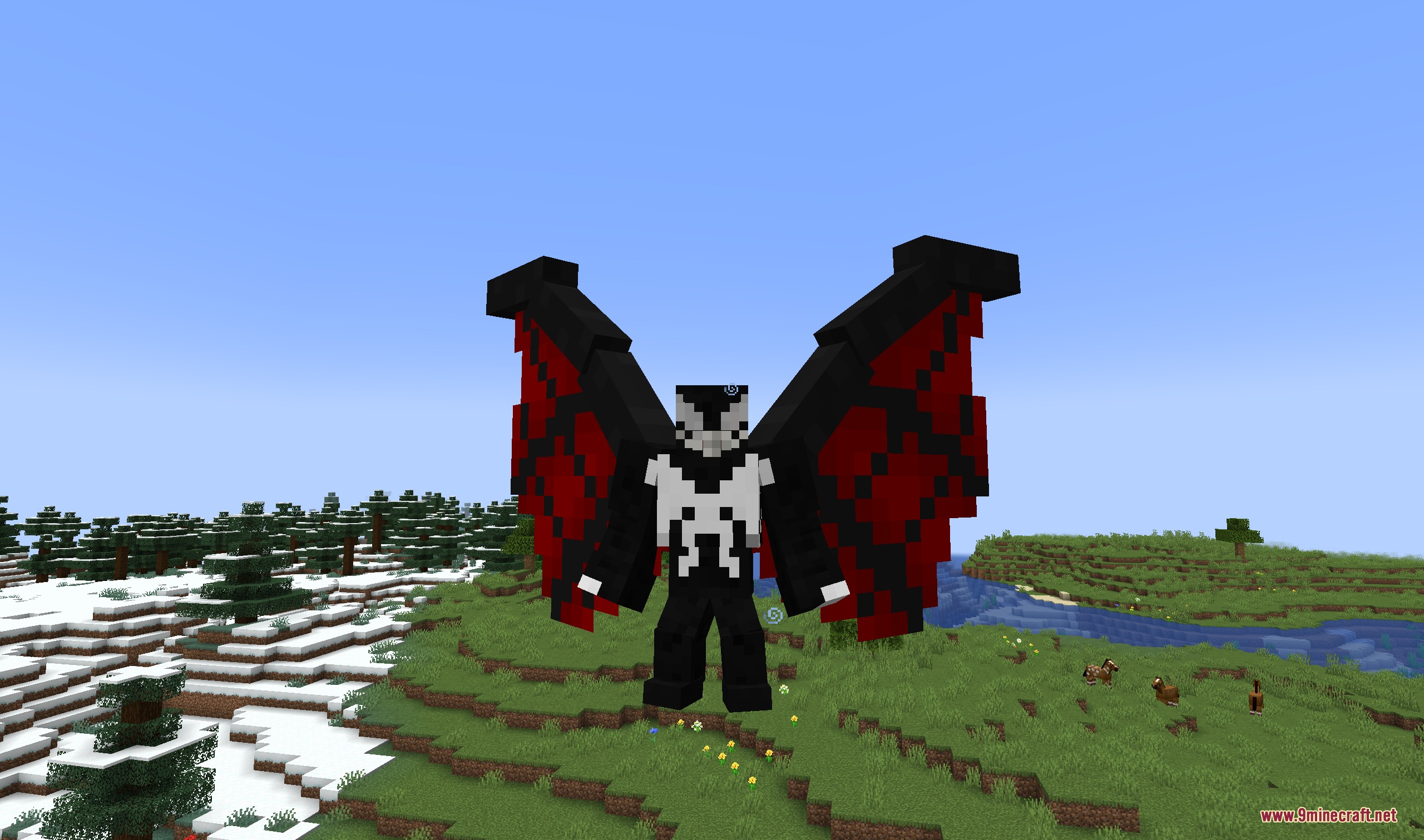 A player wearing a black symbiote suit with massive red and black wings