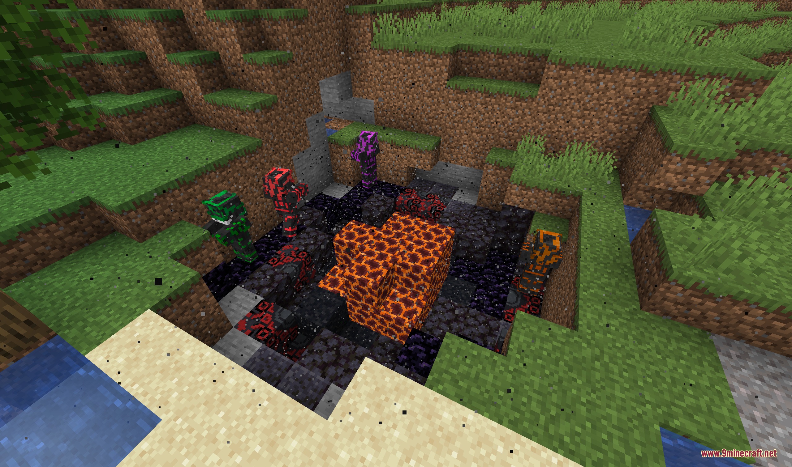 A crashed meteor crater containing magma blocks and various colorful superhero suits