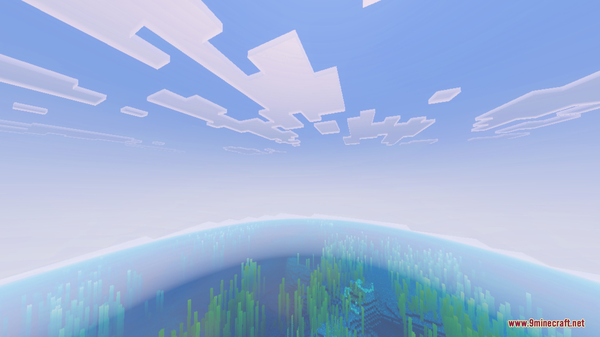 Bright ocean landscape with kelp and an underwater structure under blocky clouds