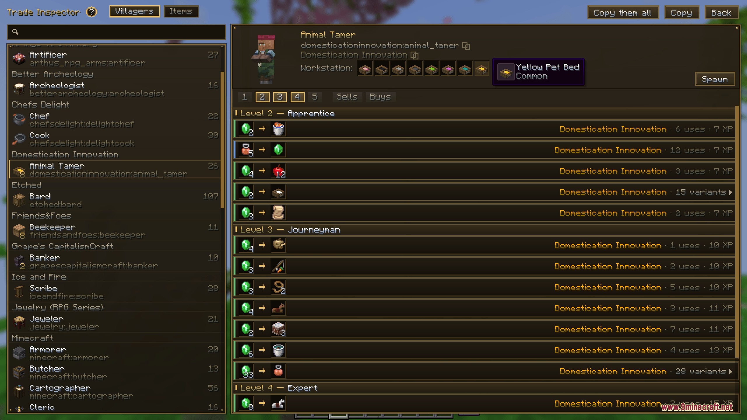 Panoptic Mod Screenshot 2 Trade inspector screen listing different villager professions and their specific item trades