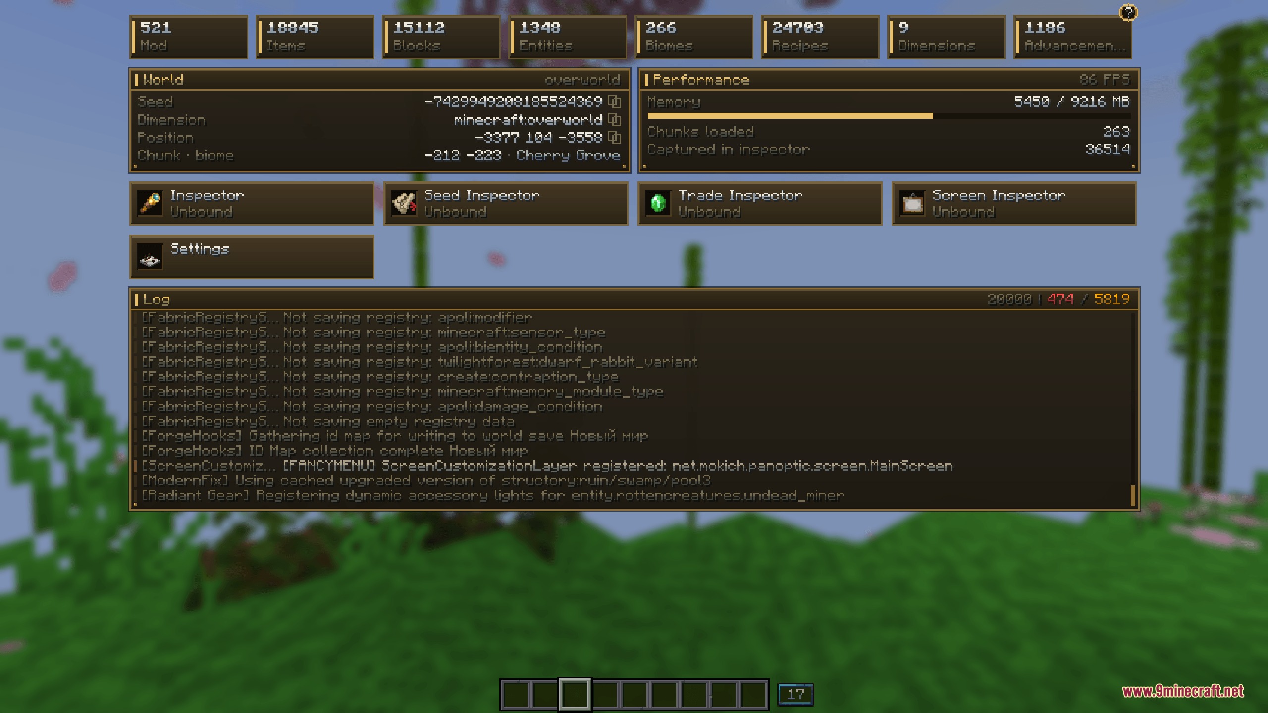 Panoptic Mod Screenshot 8 A detailed dashboard displaying world information performance metrics and real time logs