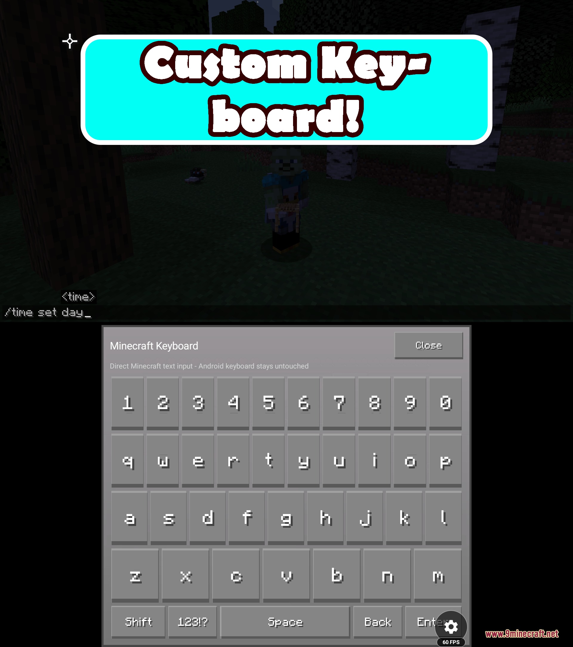 Panoramic Sightlines Mod Screenshot 2 Custom keyboard overlay for typing commands and text within the Minecraft mobile interface