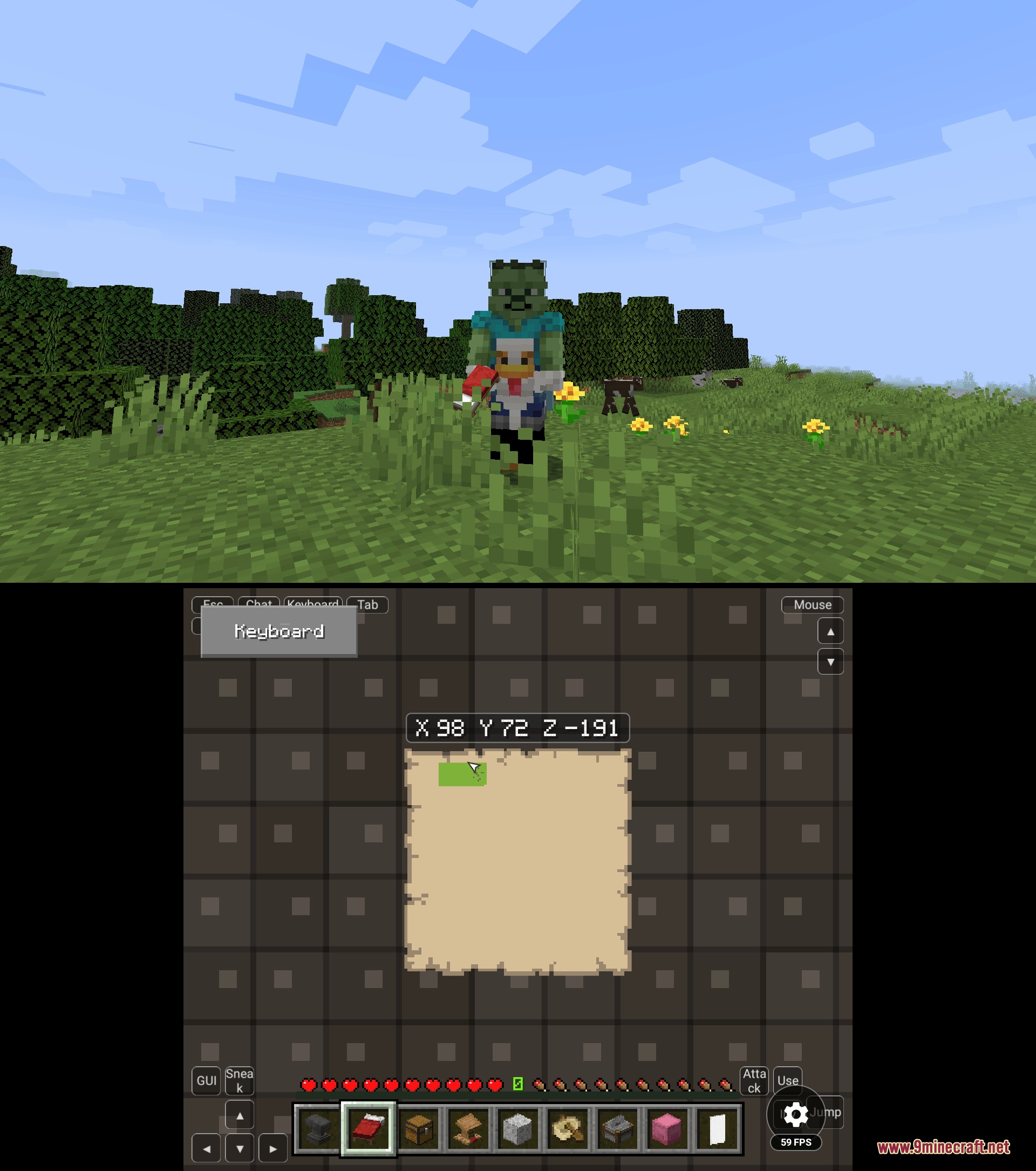 Panoramic Sightlines Mod Screenshot 3 Panoramic Sightlines Mod displays the Minecraft interface on a separate bottom screen