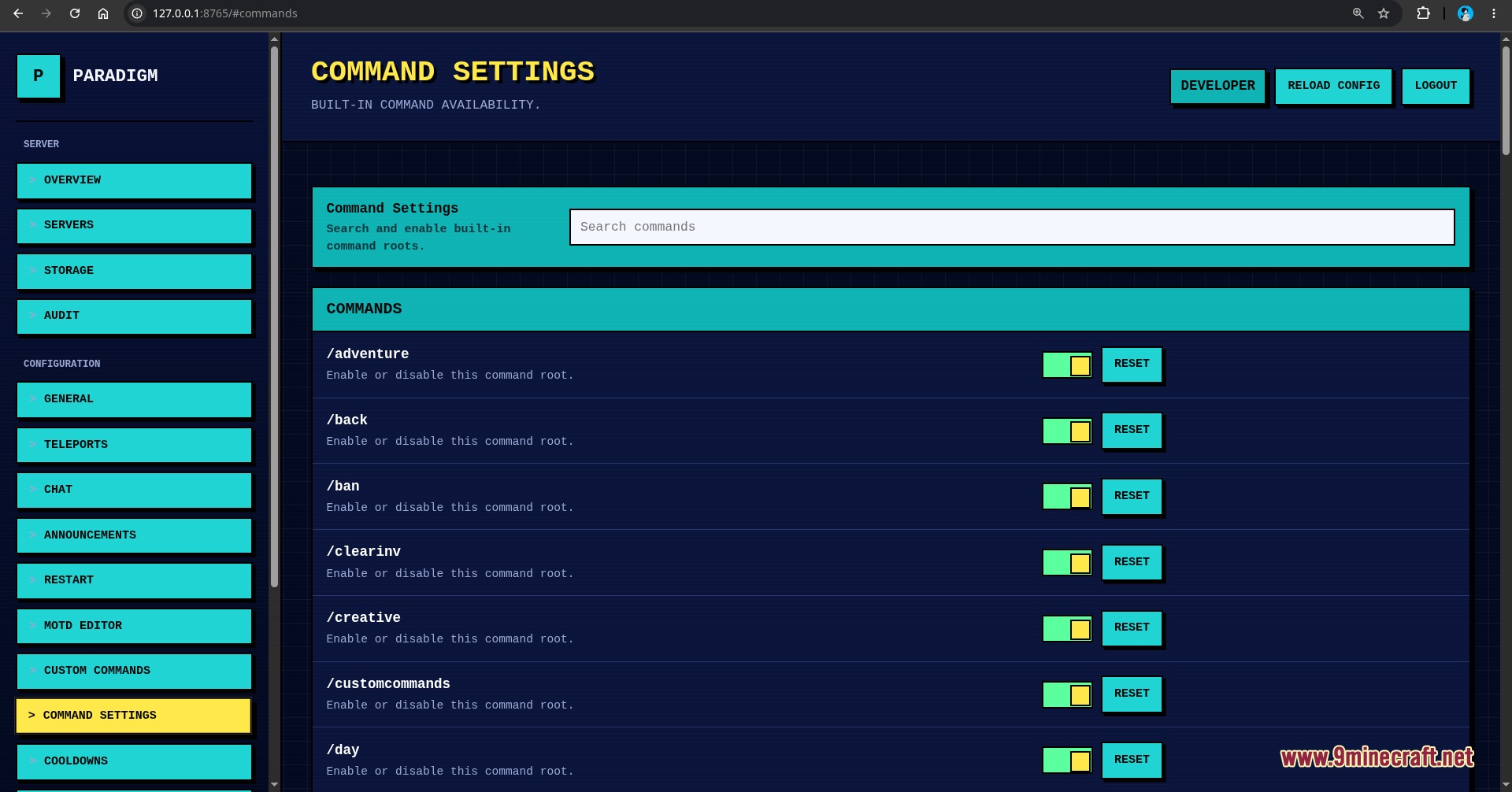Web dashboard showing a list of server commands with toggle switches and buttons