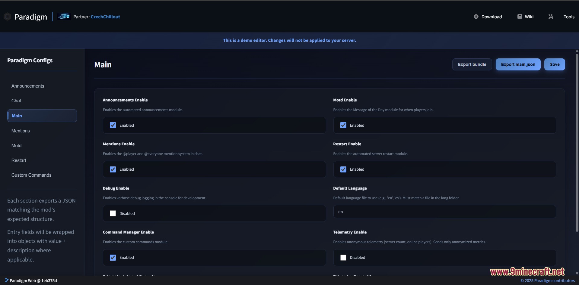 Web interface for configuring server modules using checkboxes and text fields