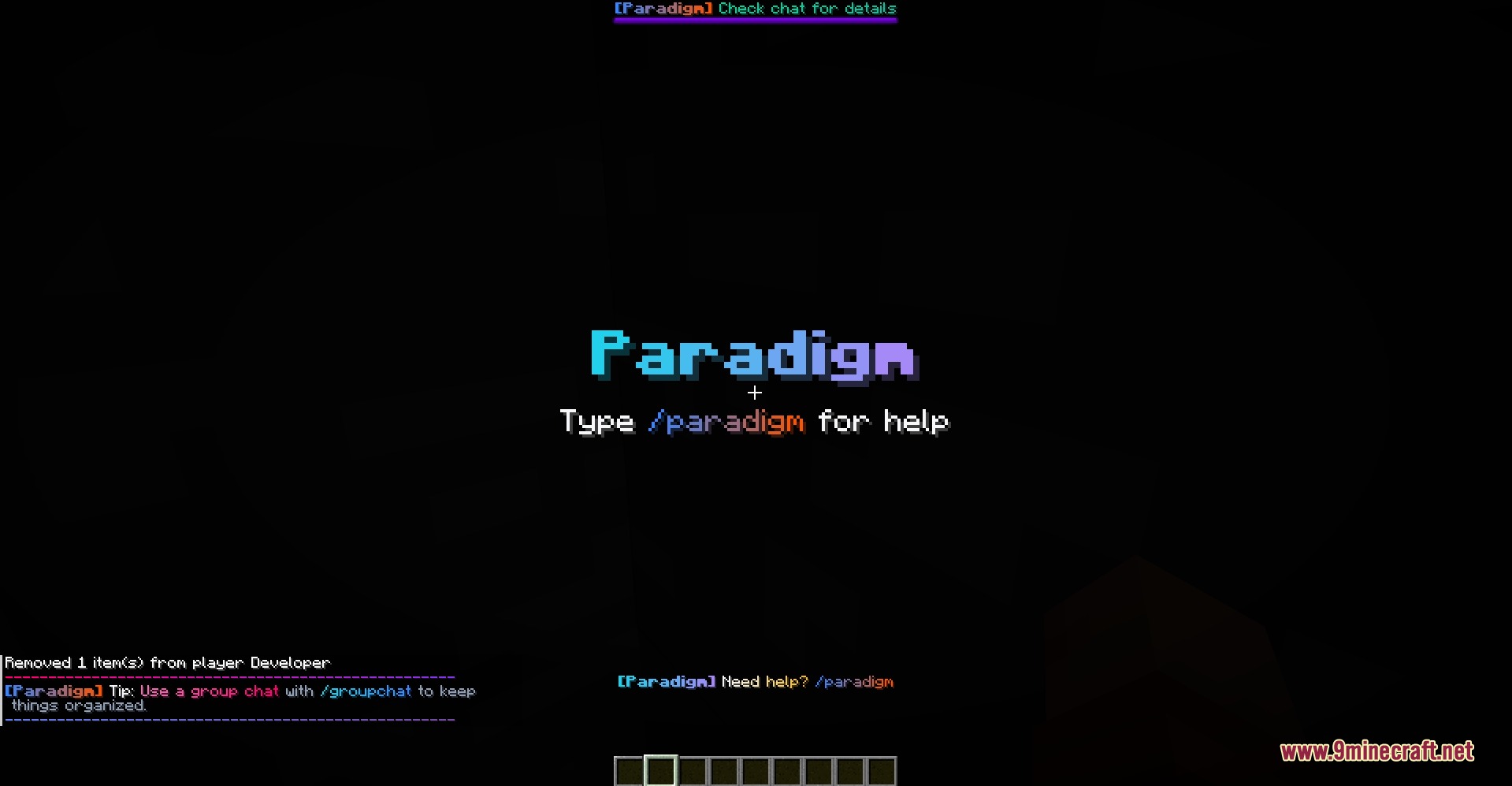 A Minecraft screen displays the Paradigm logo and a command for help