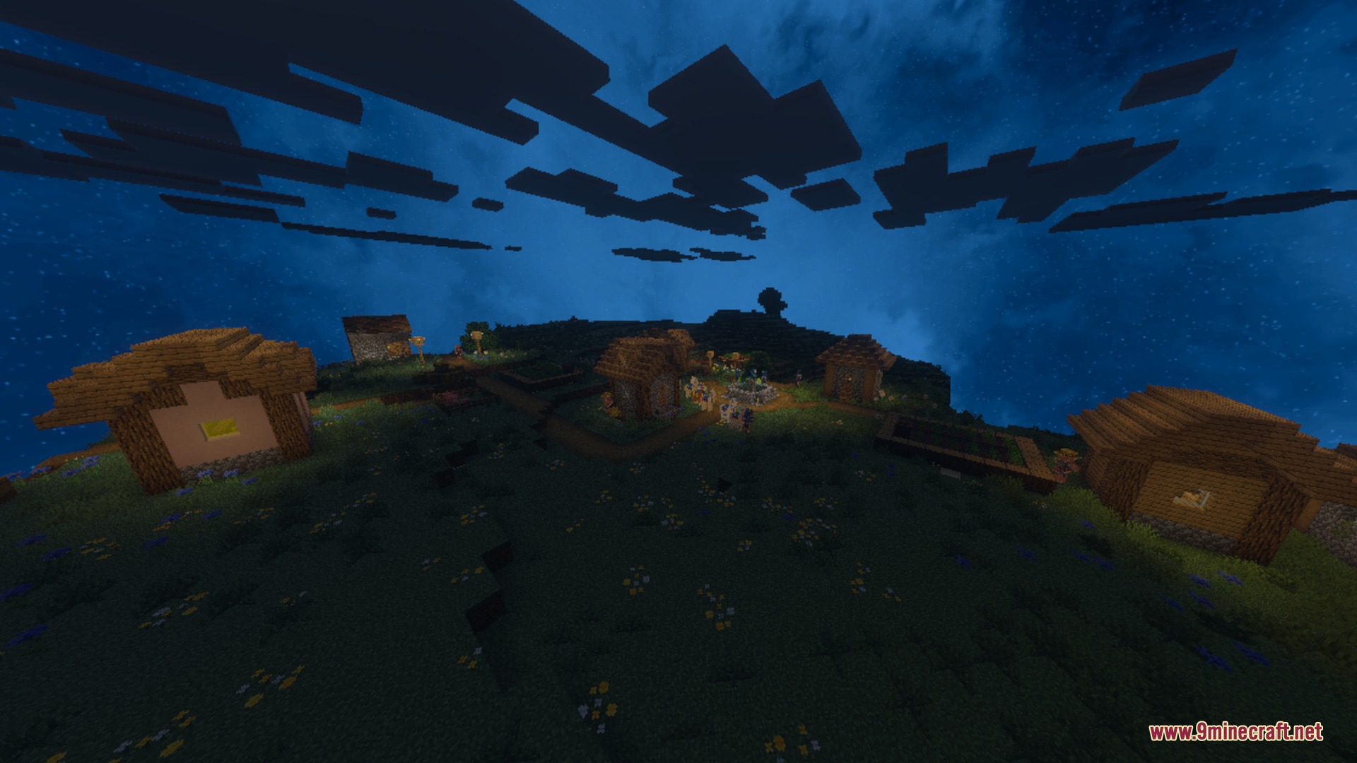 Paradox Pvp Shader Screenshot 4 A small village with wooden houses under a dark blue night sky
