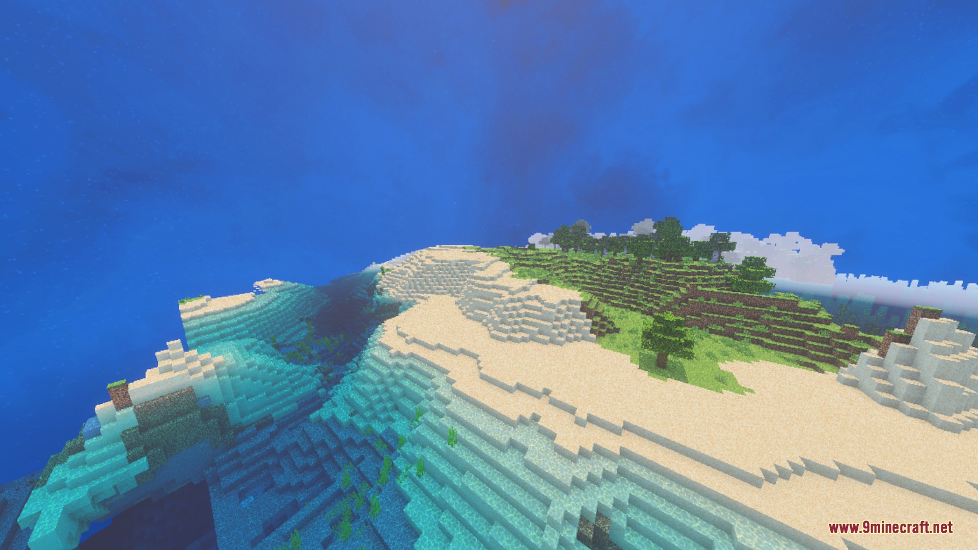 Paradox Pvp Shader Screenshot 7 Vibrant Minecraft coastal landscape with clear blue water and a lush green forest