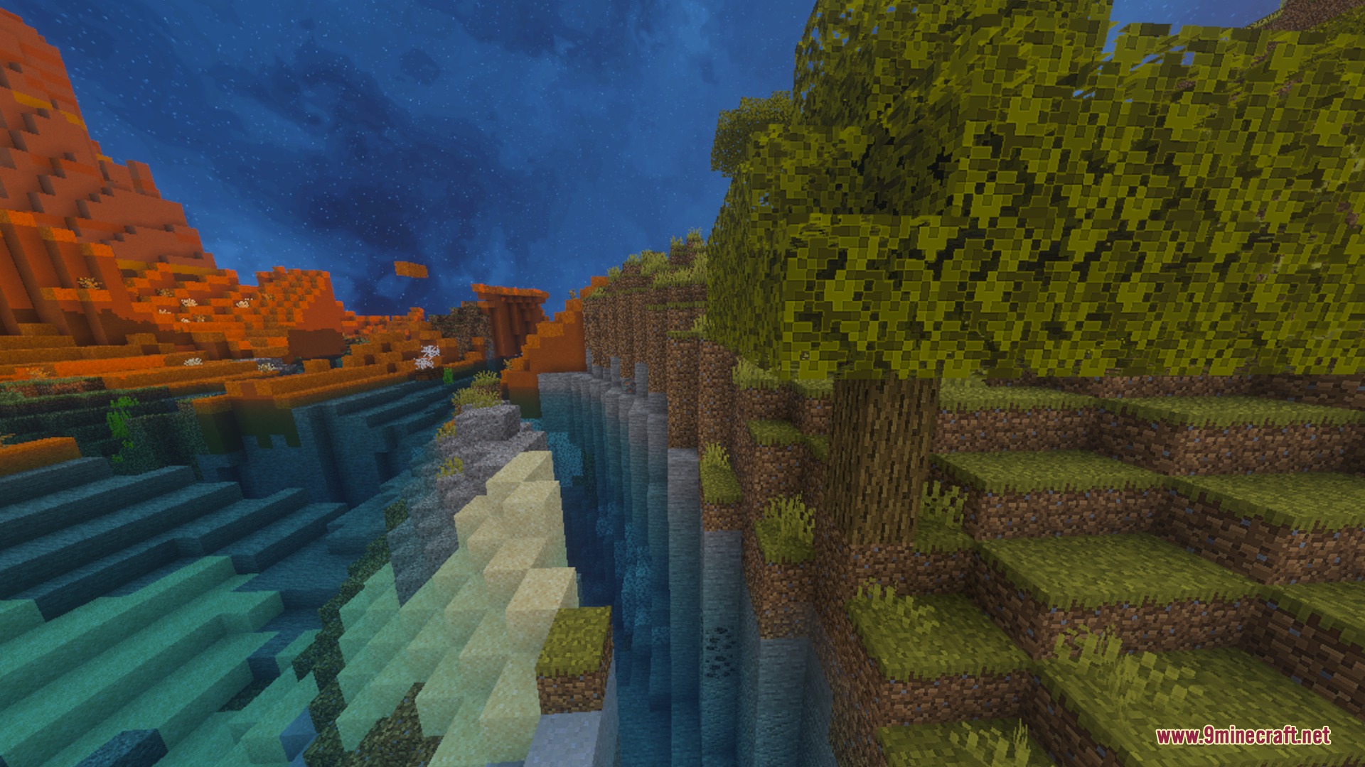 Paradox Pvp Shader Screenshot 8 A scenic river flows through a canyon between mesa and grassy forest biomes