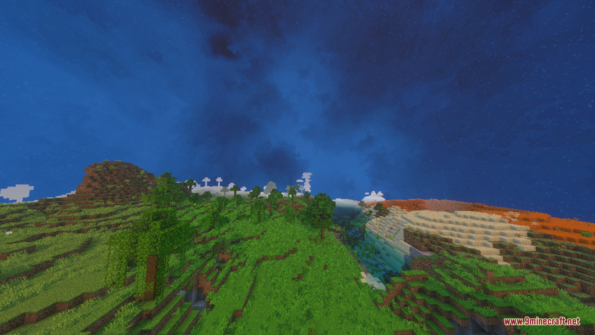 Paradox Pvp Shader Screenshot 9 A scenic view of green hills and trees under a starry night sky