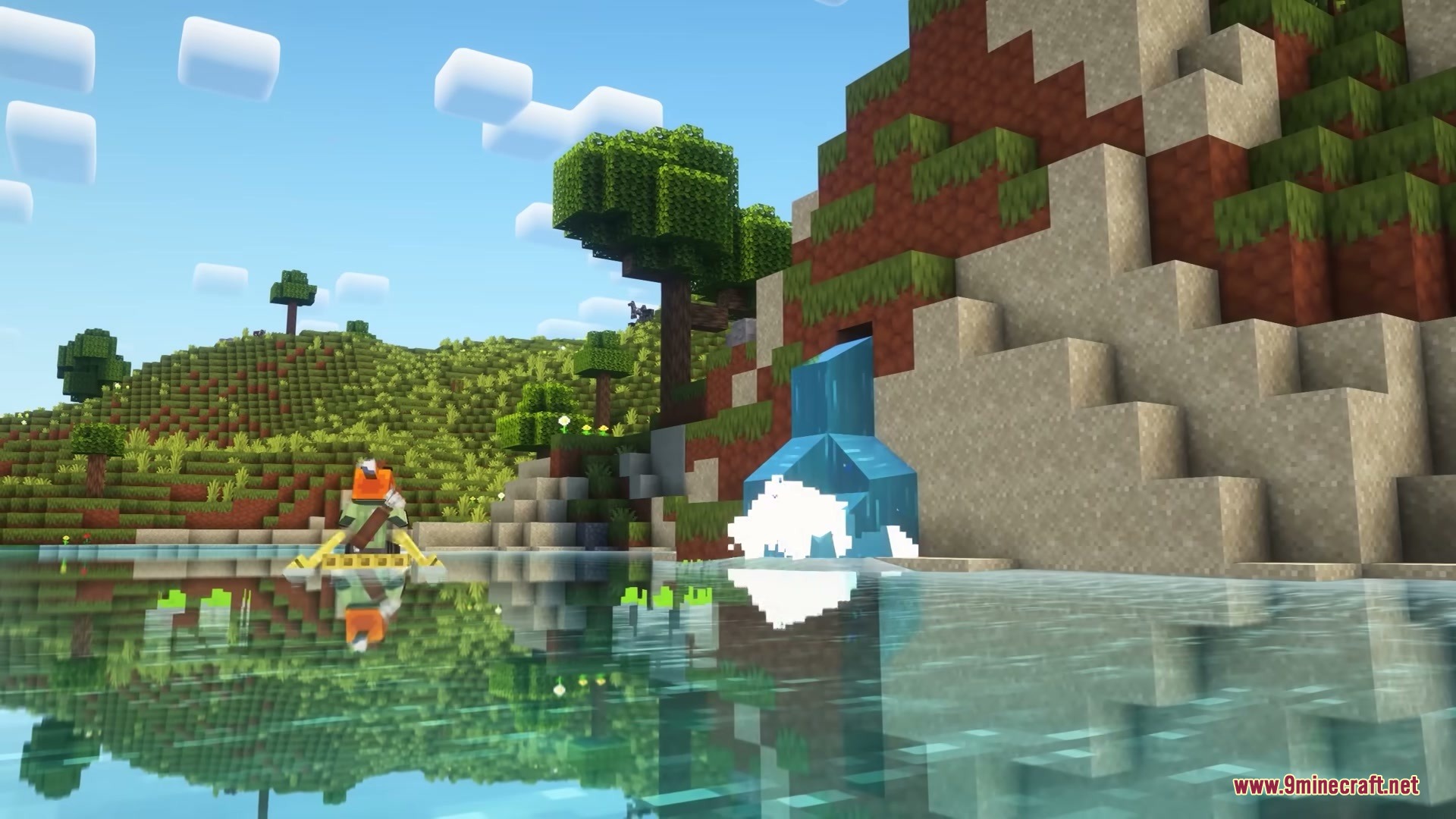 Particular Reforged Mod Screenshot 9 A player rowing a boat on a lake with realistic waterfall splashes