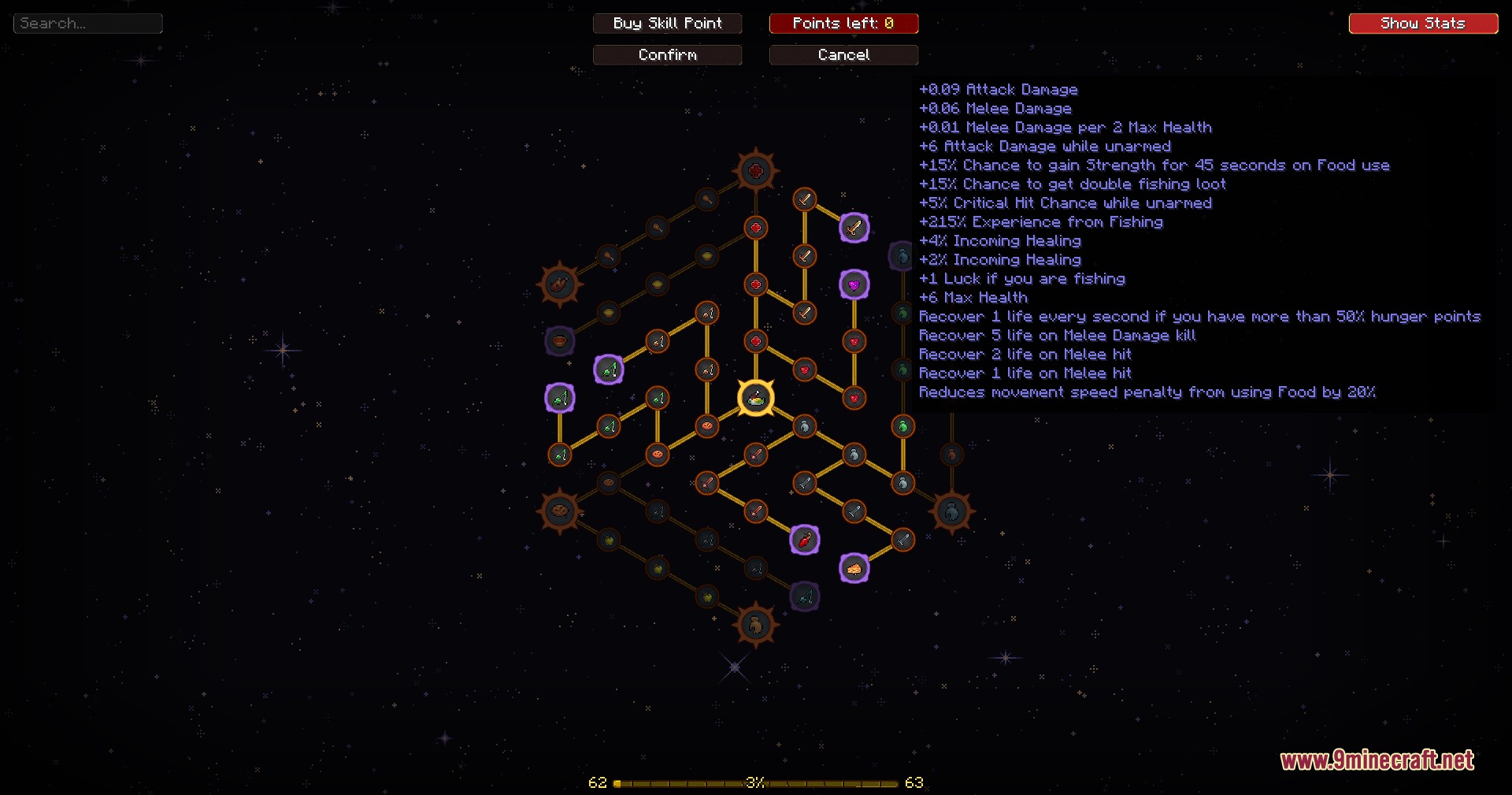 Passive Skill Trees Fabric Mod Screenshot 2 A complex hexagonal skill tree interface displaying various passive stat bonuses