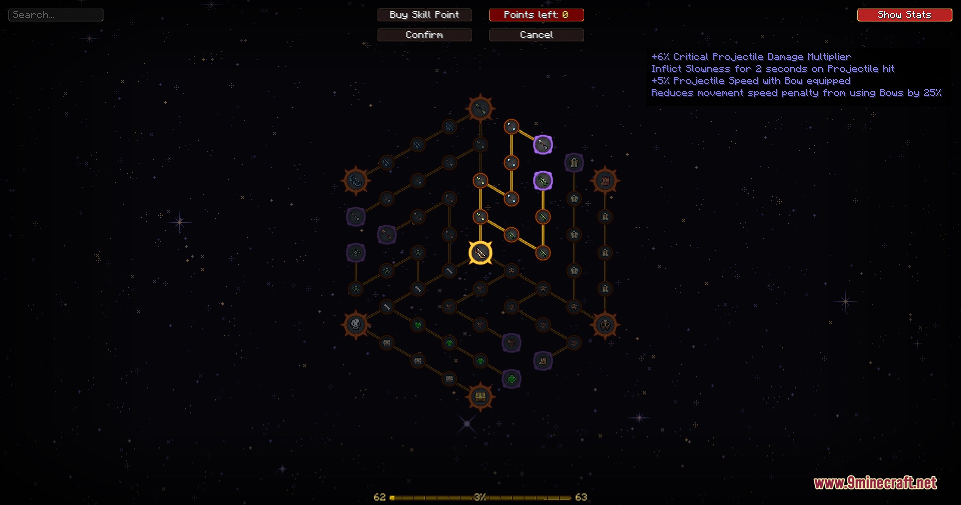 Passive Skill Trees Fabric Mod Screenshot 3 Minecraft interface displaying a complex web of projectile damage and speed skill nodes