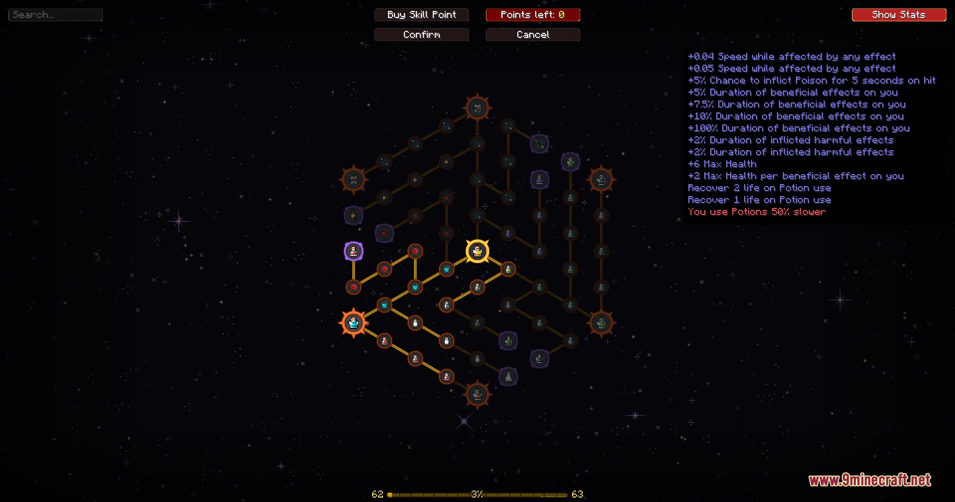 Passive Skill Trees Fabric Mod Screenshot 4 Character progression screen showing various status effect and health passive skill bonuses