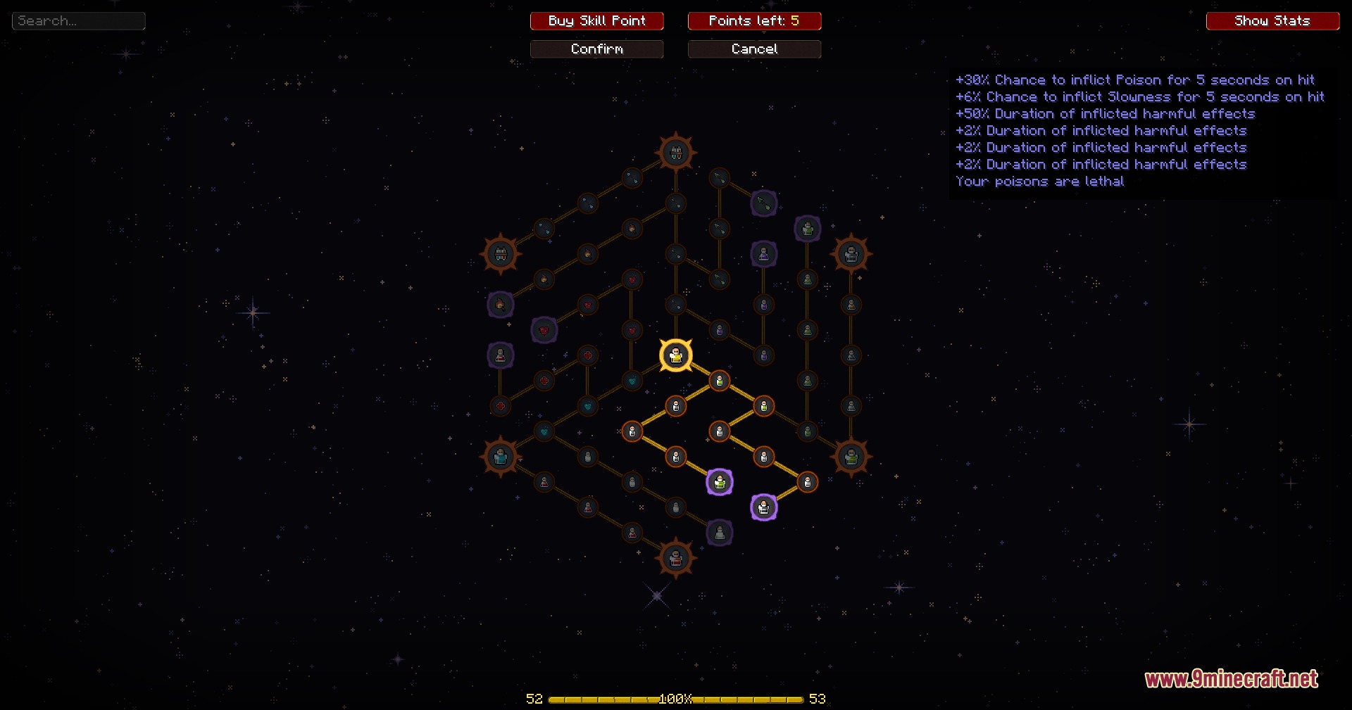 Passive Skill Trees Fabric Mod Screenshot 5 Detailed passive skill tree menu with multiple nodes and stat descriptions displayed