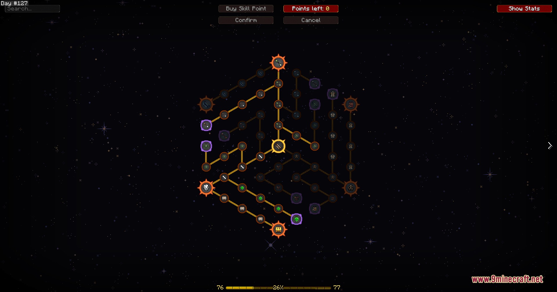 Passive Skill Trees Fabric Mod Screenshot 6 A branching passive skill tree UI with several unlocked nodes and paths