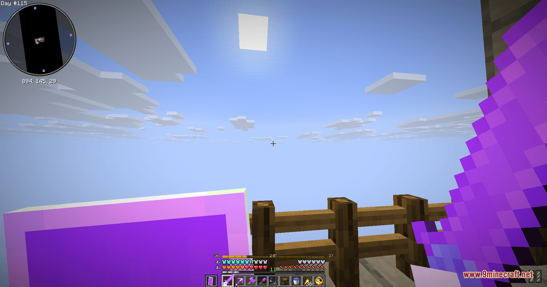 Passive Skill Trees Fabric Mod Screenshot 8 Player holding a purple sword and shield while looking at the sky