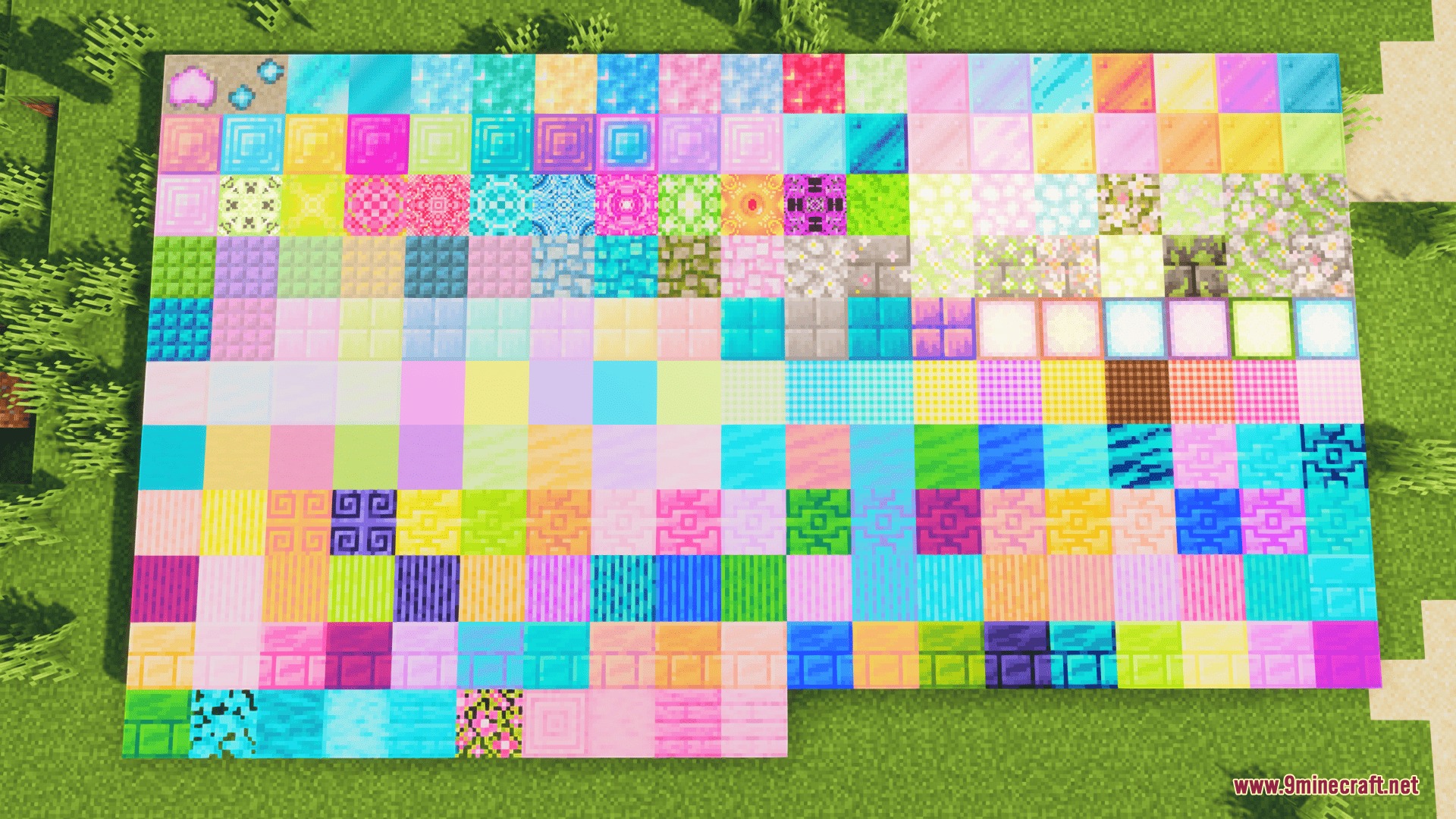 A grid of pastel building blocks decorated with delicate cherry petal patterns