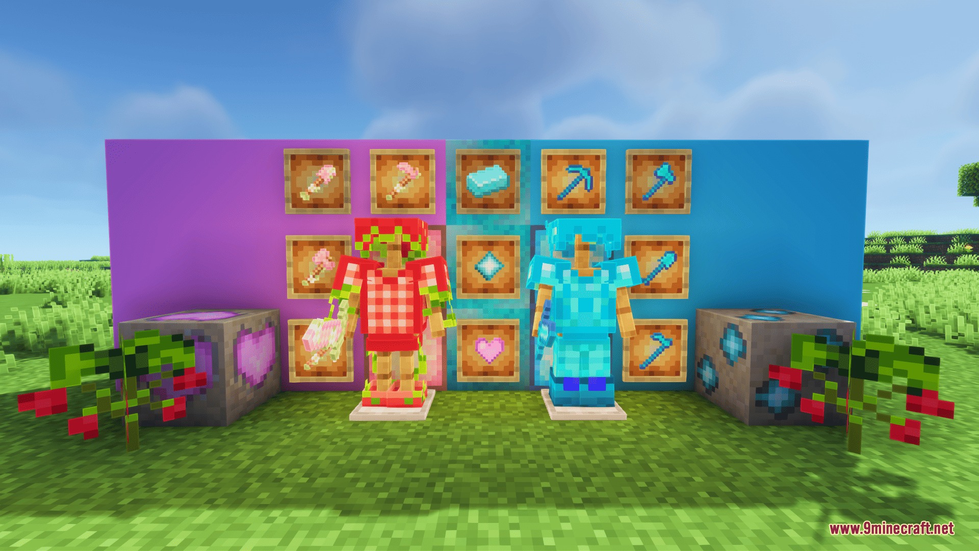 Armor stands displaying strawberry and blue gear from the Pastel Petal Patches Mod