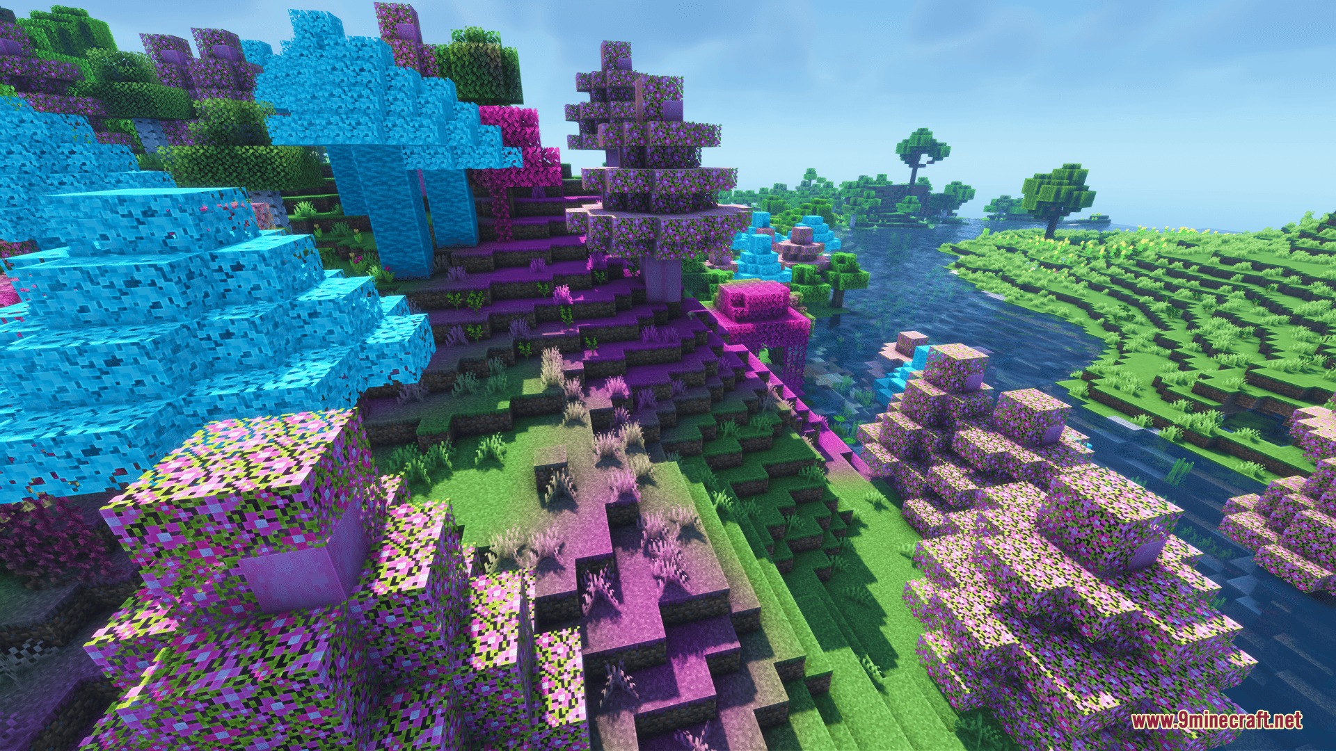 Vibrant landscape from Pastel Petal Patches Mod with blue and purple trees
