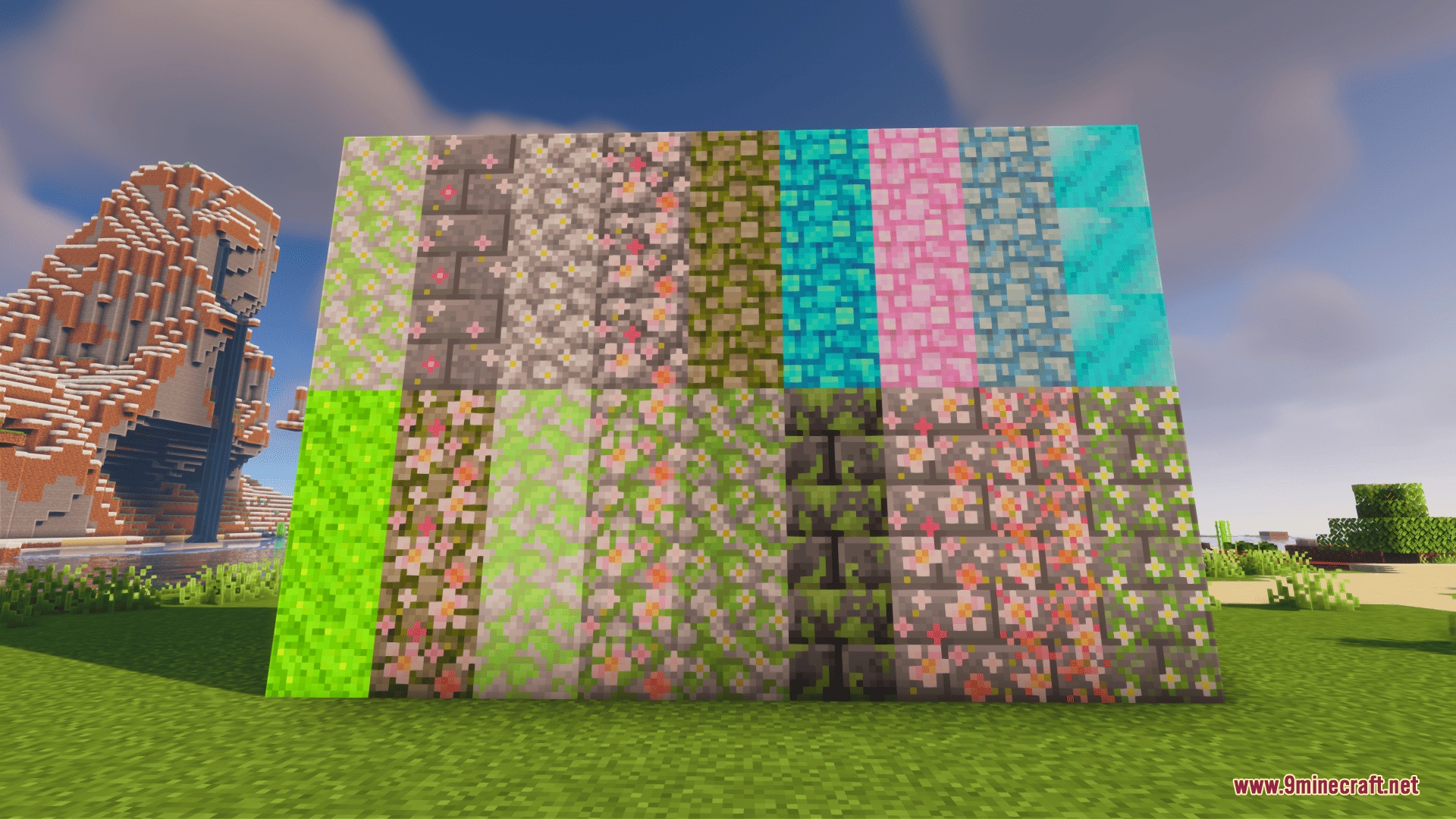 A wall of pastel building blocks decorated with delicate cherry petal patterns