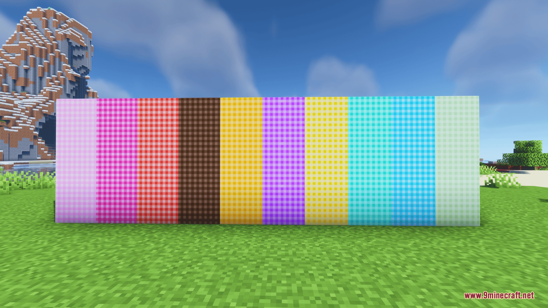 A row of Minecraft blocks featuring colorful checkered patterns in soft pastel shades