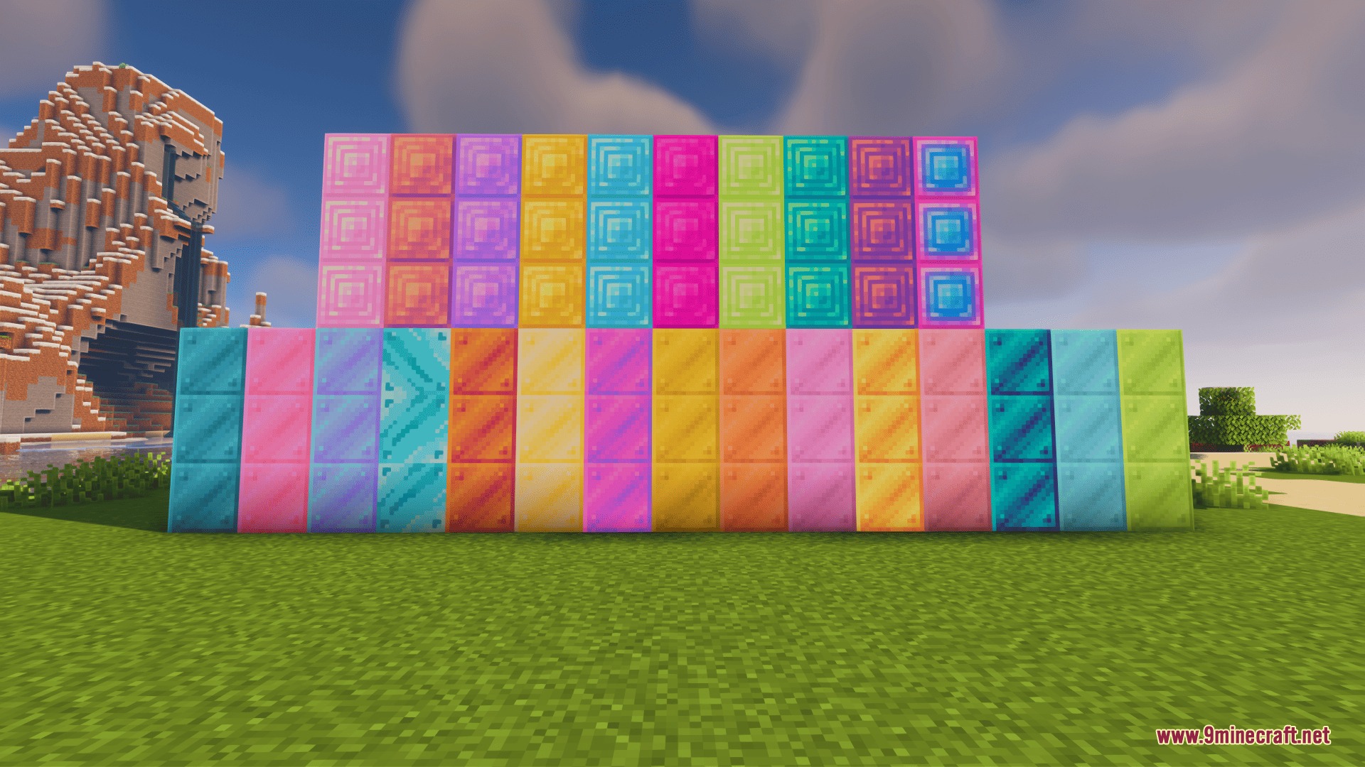 Showcase of colorful blocks from the Pastel Petal Patches mod in Minecraft