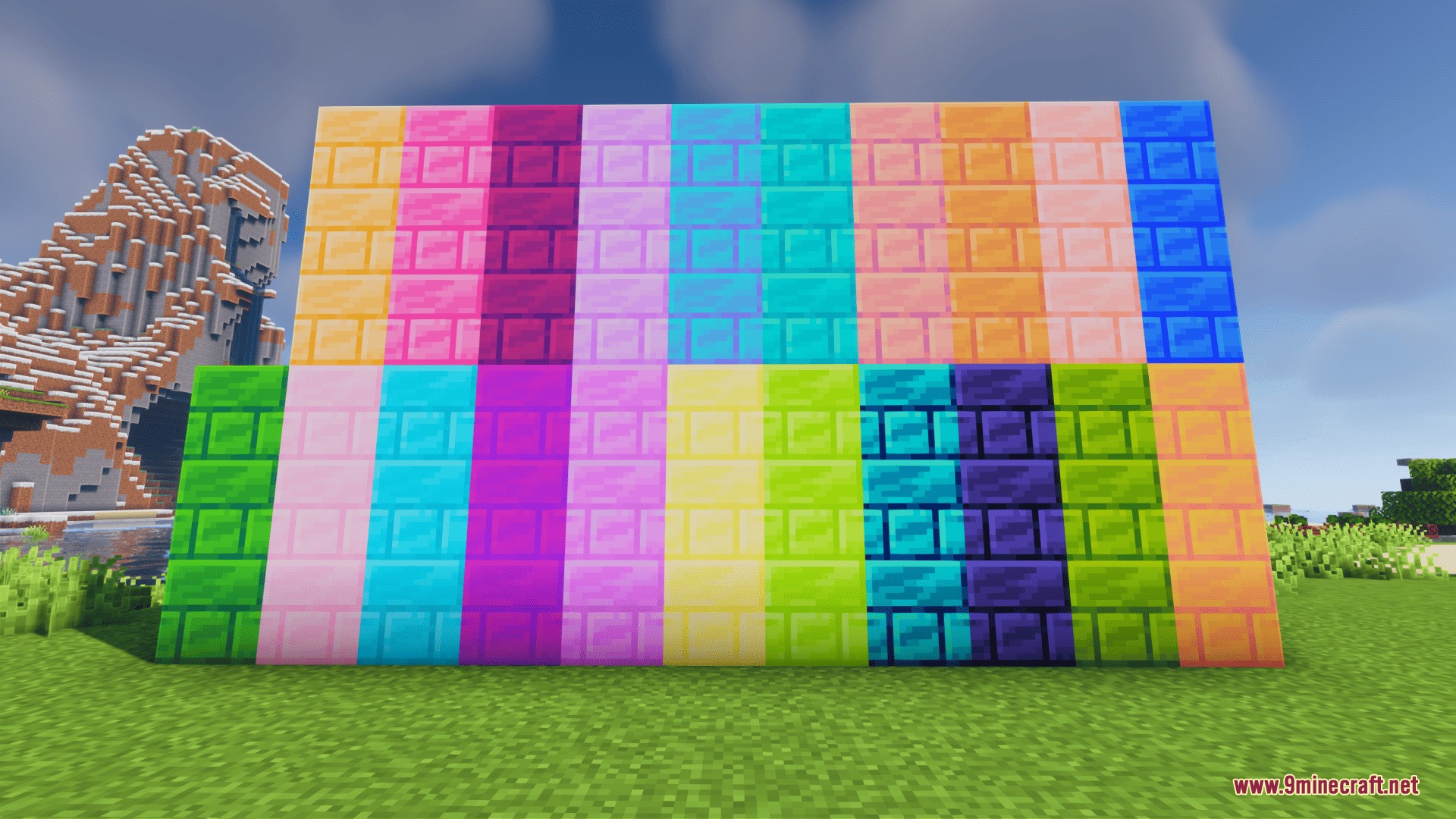 Rows of vibrant pastel brick blocks displayed in a sunny Minecraft world