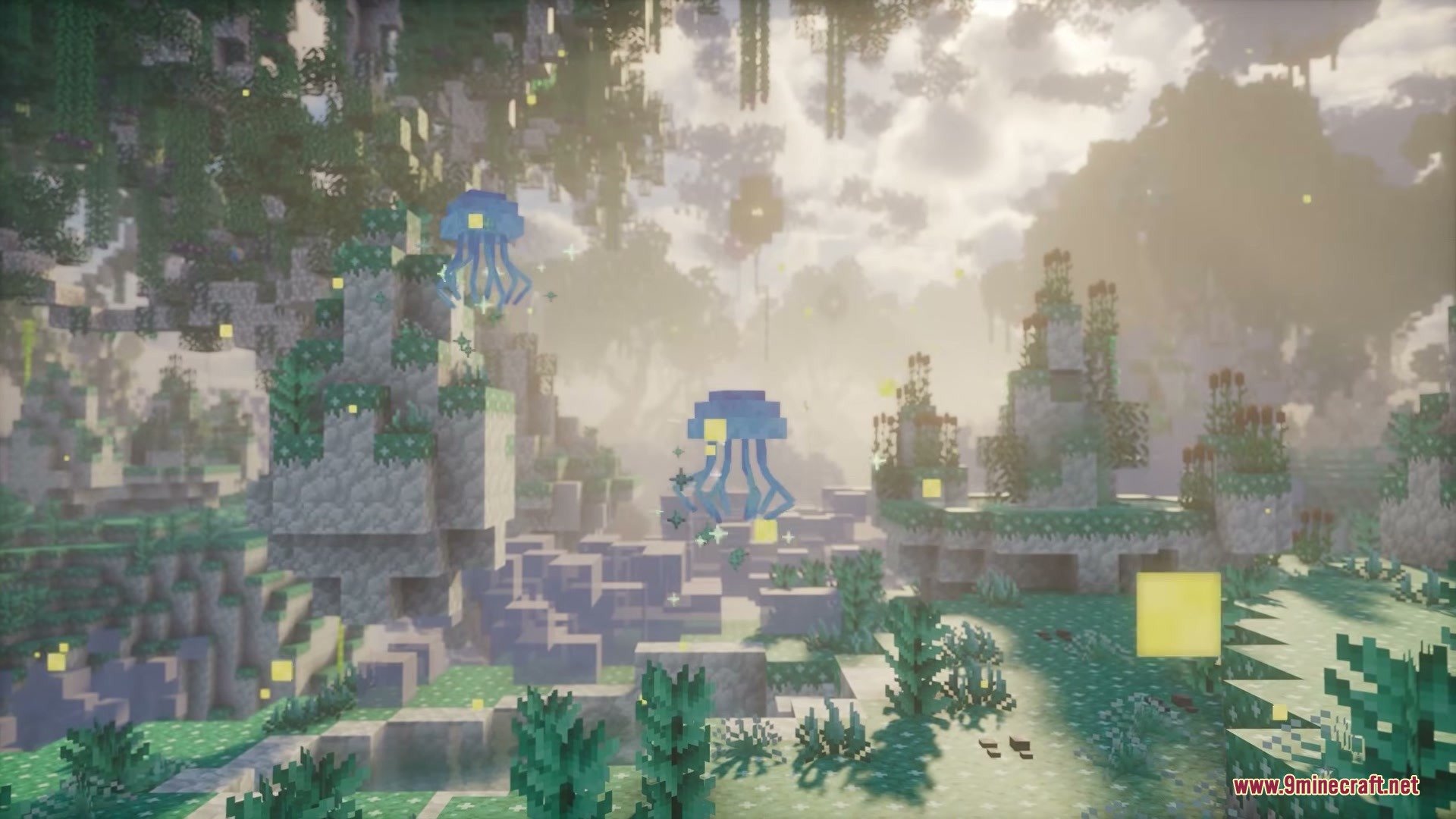 Paster Dream by Aerolite_Dust Mod Screenshot 11 Floating blue jellyfish drift through a surreal misty forest in Paster Dream