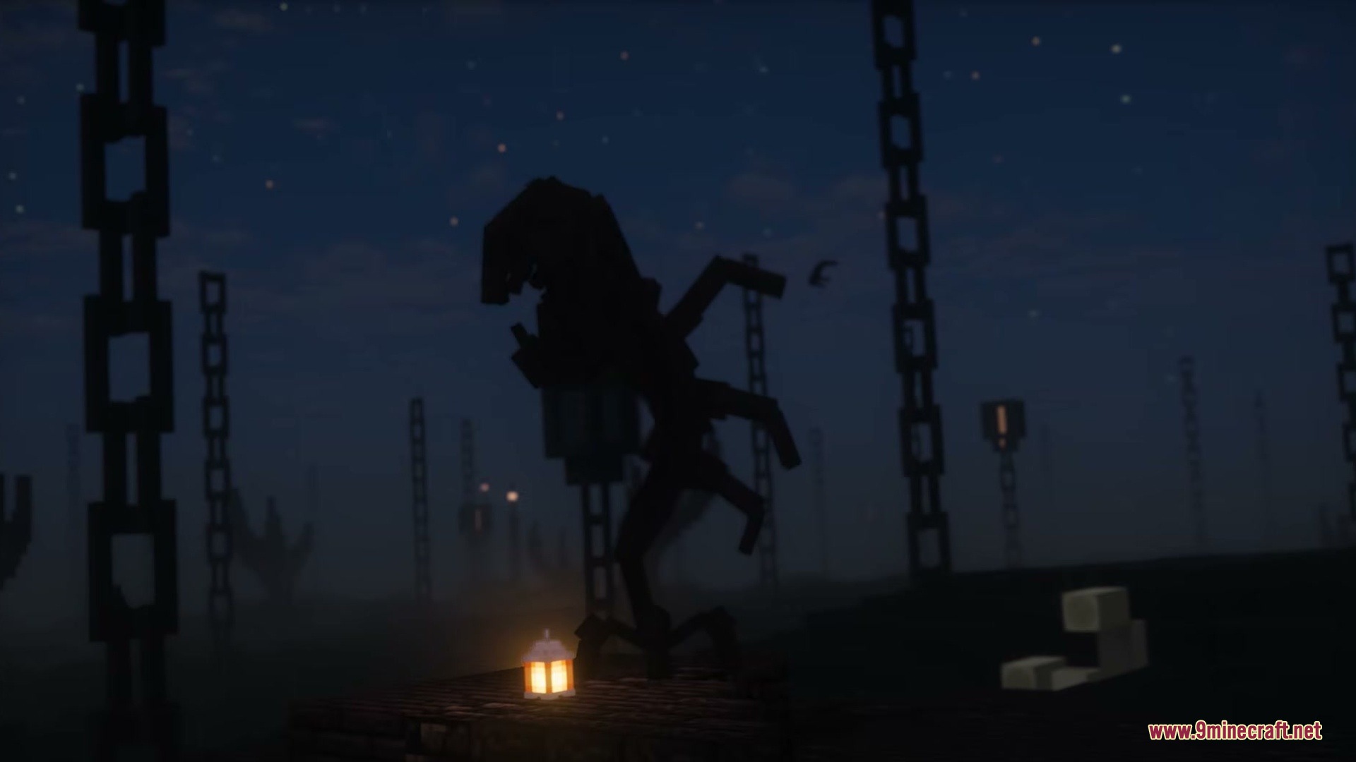 Paster Dream by Aerolite_Dust Mod Screenshot 12 A dark spindly creature stands near a lantern under giant hanging chains